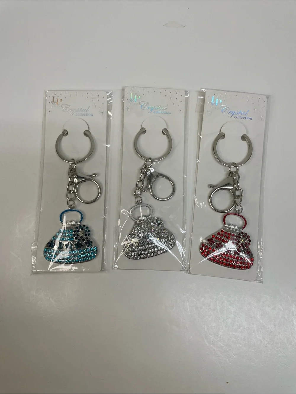 Bag Charms Rhinestone Purse Keychains - Blue, Silver , Red Set of 3
